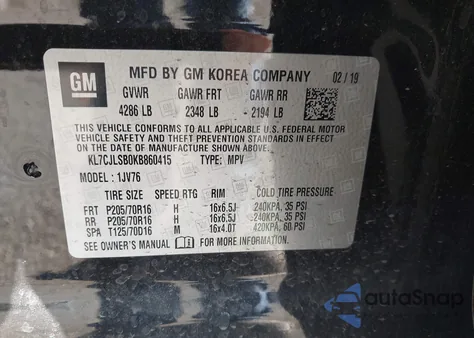 2019 Chevrolet Trax Lt z USA, uszkodzony, nr VIN KL7CJLSB0KB860415